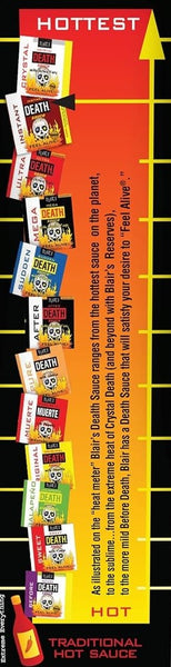 A vertical promotional graphic for Blair's Death Sauce, featuring multiple illustrated hot sauce bottles labeled with heat ratings and flavor names.