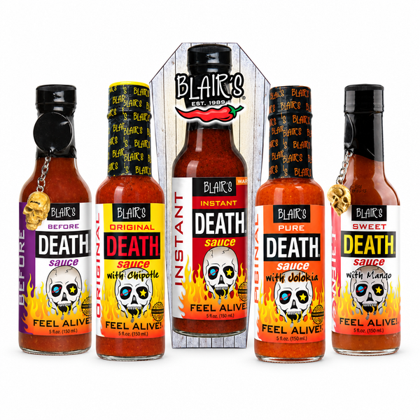 Blair’s Ultimate Death Pack five-sauce product image. Includes Before Death, Original Death, Instant Death, Pure Death and Sweet Death sauces. Buy online at Deathsauce Australia.