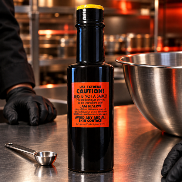Blair's Death Sauce 3AM RESERVE in 148ml bulk hospitality bottle is to be handled with caution. Available to buy in Australia.
