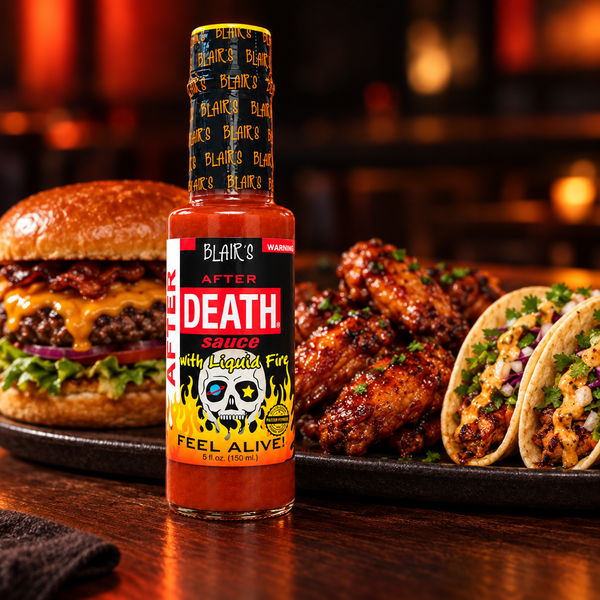 A 150ml bottle of Blair's After Death Sauce with Liquid Fire hot sauce in front of a platter of burgers, chicken wings and tacos. Available to buy online in Australia.