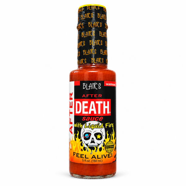 A 150ml bottle of Blair's After Death Sauce with Liquid Fire hot sauce. Available to buy online in Australia.