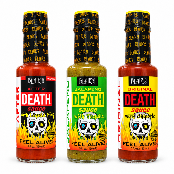 Three bottles of Blair's Death Sauce hot sauce lined up against a white background: Original Death Sauce with Chipotle, Jalapeno Death Sauce with Tequila, and After Death Sauce with Liquid Fire. Buy online at Deathsauce Australia.
