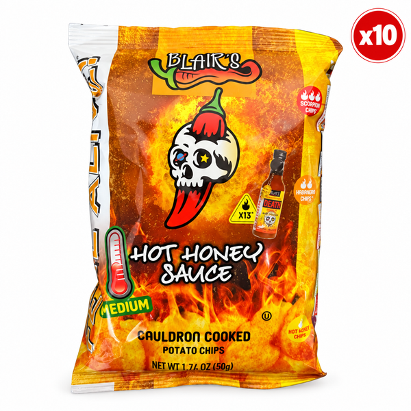 A 50g bag of Blair's Hot Honey Sauce Cauldron Cooked Potato Chips with a (x10) badge in the top right corner. Available to buy in Australia.