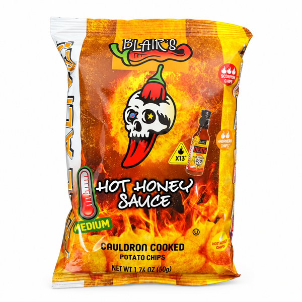 A 50g bag of Blair's Hot Honey Sauce Cauldron Cooked Potato Chips on a plain white background. Available to buy in Australia.