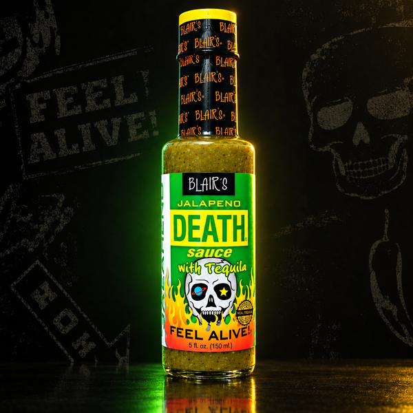 A 150ml bottle of Blair's Jalapeno Death Sauce with Tequila on a dark background. Available to buy online in Australia.