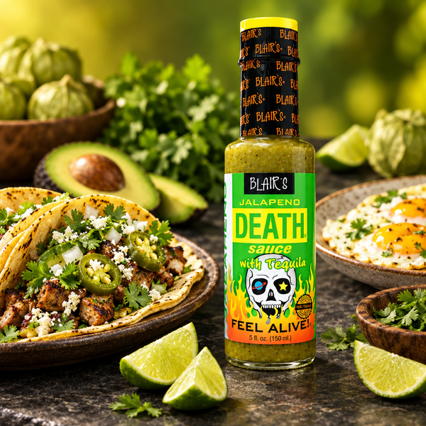 A 150ml bottle of Blair's Jalapeno Death Sauce with Tequila on a table surrounded by lime wedges, tacos, fried eggs and avocados. Available to buy online in Australia.