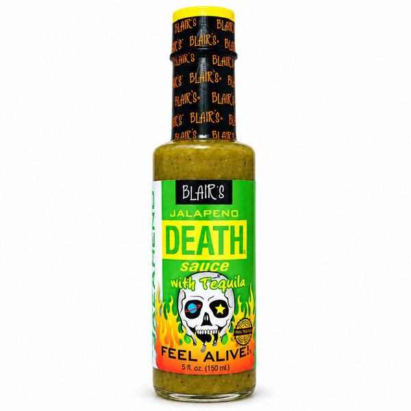 A 150ml bottle of Blair's Jalapeno Death Sauce with Tequila. Available to buy online in Australia.