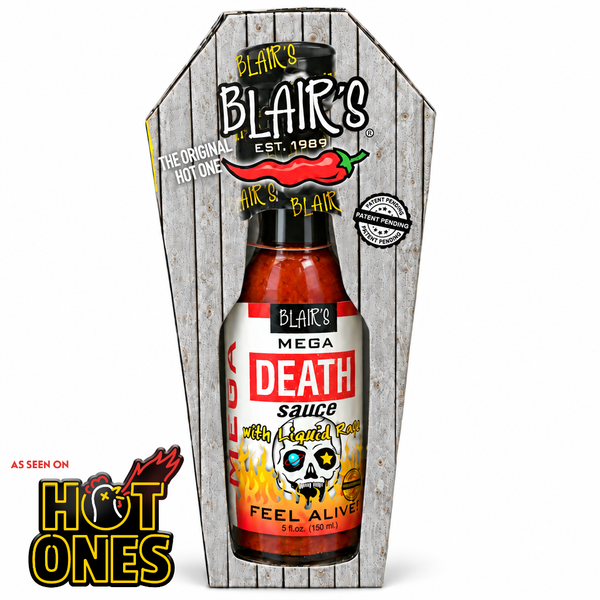 A 150ml bottle of Blair's Mega Death Sauce as it featured on Hot Ones show. Available to buy in Australia at Deathsauce.