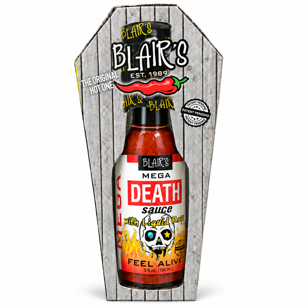 A 150m bottle of Blair's Mega Death Sauce in  a coffin-shaped box. Available to buy in Australia.