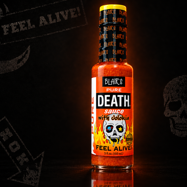 A 150ml bottle of Blair's Pure Death Sauce on a dark background. Available to buy in Australia.