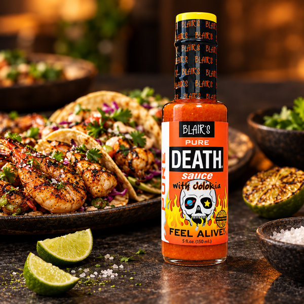 A 150ml bottle of Blair's Pure Death Sauce on a table in front of a plate of prawn tacos, lime wedges and salt. Available to buy in Australia.
