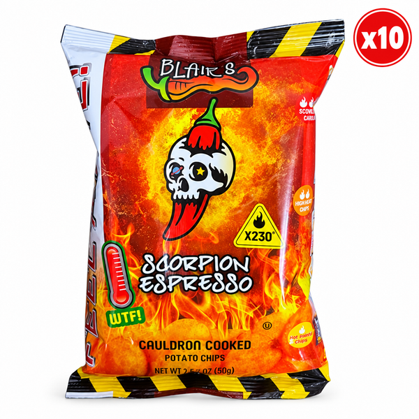 A 50g bag of Blair's Scorpion Espresso Cauldron Cooked Potato Chips with a (x10) badge in the top right corner. Available now in Australia.