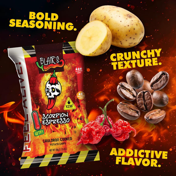 A bag of Blair's Scorpion Espresso potato chips is shown with bold marketing text reading 'Bold Seasoning,' 'Crunchy Texture,' and 'Addictive Flavor.'.