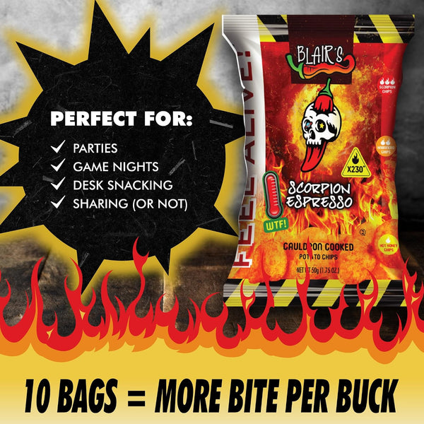 A bag of Blair's Scorpion Espresso potato chips is shown with bold marketing text reading 'Perfect for Parties; Game Nights; Desk Snacking).