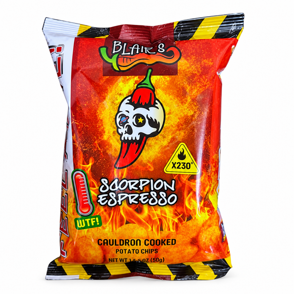 A 50g bag of Blair's Scorpion Espresso Cauldron Cooked Potato Chips. Available now in Australia.