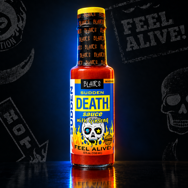 A 150ml bottle of Blair's Sudden Death Sauce with Ginseng on a dark background. Available to buy in Australia.