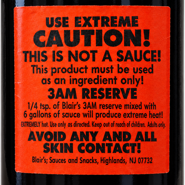 Blair's Death Sauce 3AM RESERVE how to use label. Available to buy in Australia.