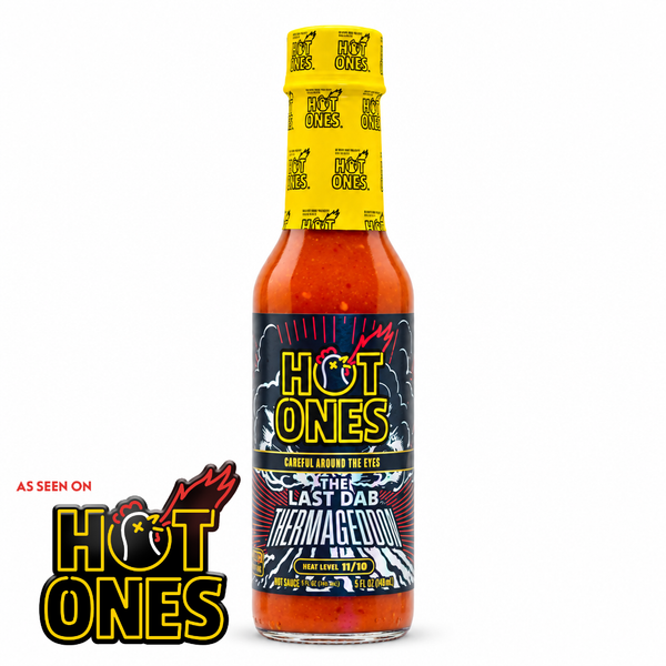 A bottle of Hot Ones 'The Last Dab Thermageddon' hot sauce on a white background, with Hot Ones logo in the bottom-left corner. Available to buy in Australia at Deathsauce Australia.