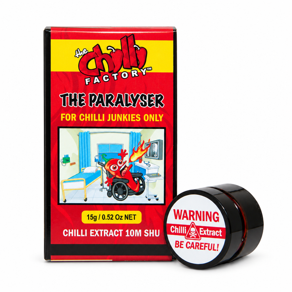 The Paralyser Chilli Extract 10M Scovilles by The Chilli Factory, shown with its red and yellow box and a small black jar with a white warning label. Buy online at Deathsauce Australia.