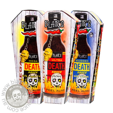 Blair's Death Row - Ultra & Mega & Sudden Death Sauces - brought to you by one of the World's most respected hot sauce makers, Blair's Death Sauce. Available exclusively in Australia at www.blairsdeathsauce.com.au